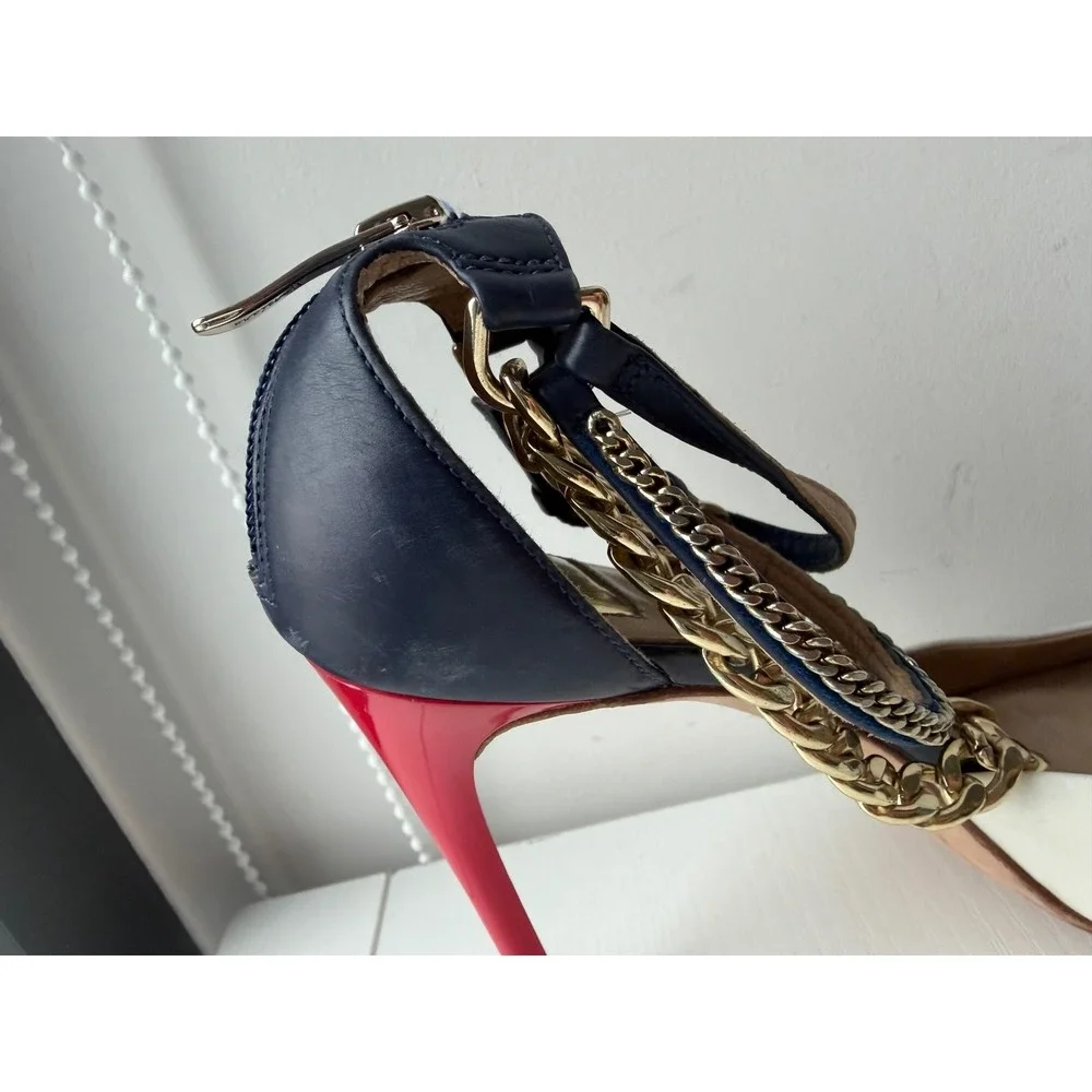 GUESS Marciano Chain Heels Leather Peep Toe Pumps Y2K Size 37.5 US 7.5